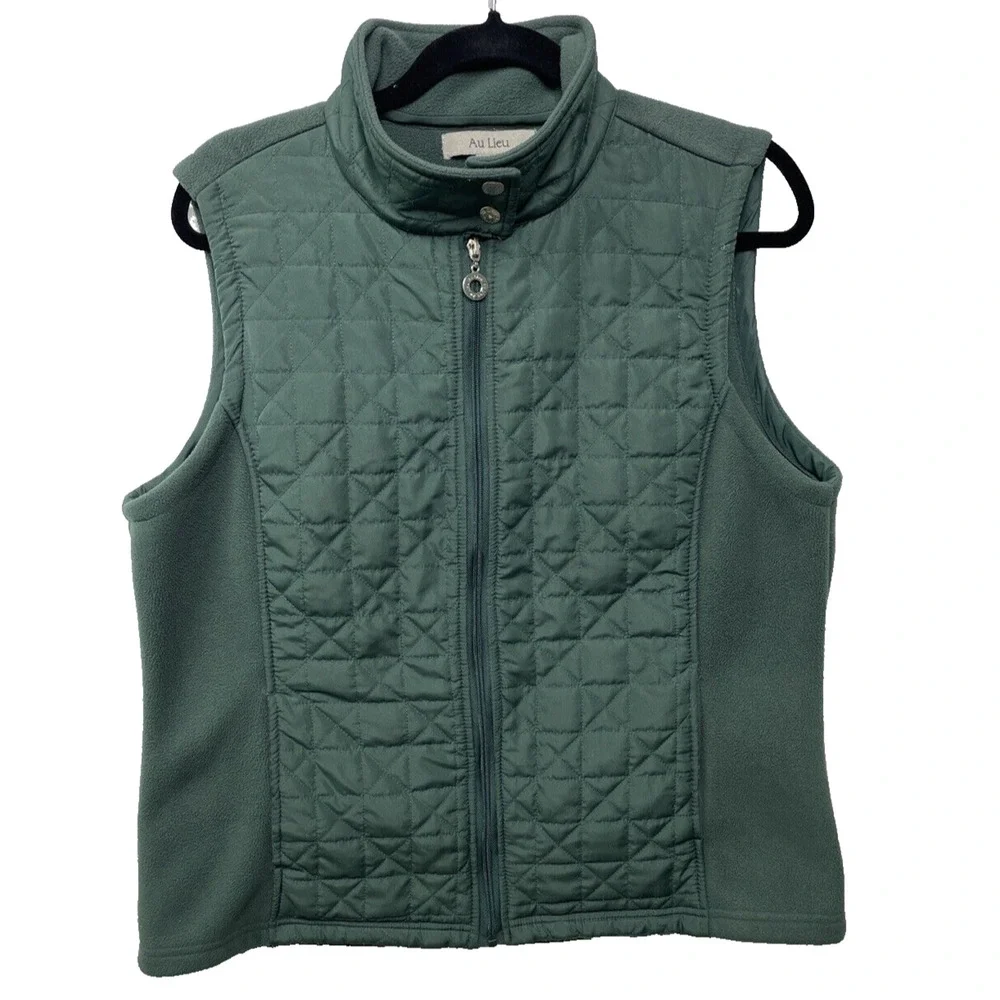 Au Lieu Quilted Fleece‎ Vest Jacket Full Zip Pockets Hunter Green XL Outdoor